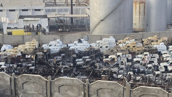 A photograph shows damaged military vehicles, reportedly sent by the United Arab Emirates to support Southern Transitional Council (STC) separatist forces, following an air strike carried out by the Saudi-led coalition in the port of Mukalla, southern Yem