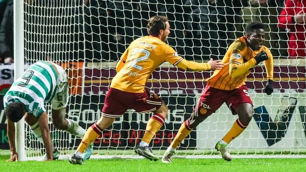 MOTHERWELL, SCOTLAND - DECEMBER 30: Motherwell's Ibrahim Said (R) celebrates scoring to make it 1-0 during a William Hill Premiership match between Motherwell and Celtic at Fir Park, on December 30, 2025, in Motherwell, Scotland. (Photo by Craig Williamso