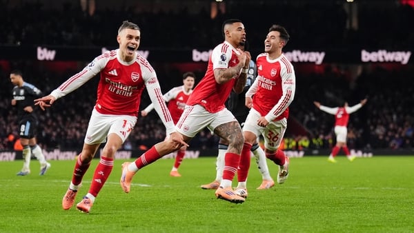 Arsenal's Gabriel Jesus celebrates scoring their side's fourth goal during the Premier League match at the Emirates Stadium, London