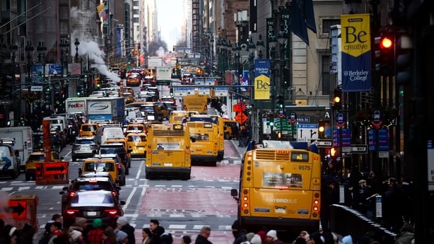 MTA buses in a bus lane on Madison Avenue in New York