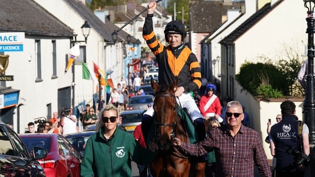 2025 Grand National winning horse Nick Rockett and jockey Patrick Mullins with owner Stewart Andrew during the winners homecoming in Leighlinbridge in County Carlow