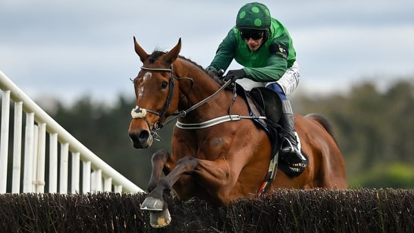 El Fabiolo, with Paul Townend up, jumps the last on their way to winning the Barberstown Castle Novice Steeplechase during day three of the Punchestown Festival at Punchestown Racecourse in Kildare.