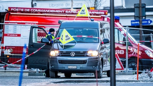 An ambulance is seen at the site of an explosion in switzerland