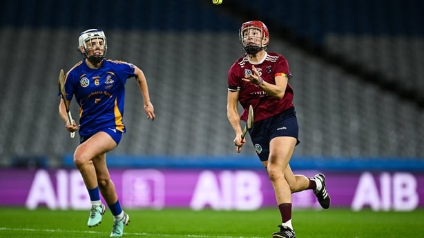 Therese Donohue of Athenry in action against Méabh Cahalane of St Finbarr's during the AIB All-Ireland Camogie Senior Club Championship final match between Athenry of Galway and St Finbarr's of Cork at Croke Park in Dublin.