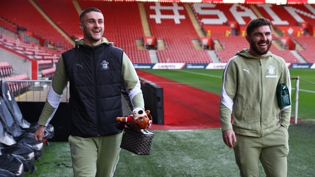 Taylor Harwood-Bellis(L) and Ryan Manning of Southampton ahead of the Sky Bet Championship match between Southampton and Millwall at St Mary's Stadium on January 01, 2026 in Southampton, England.