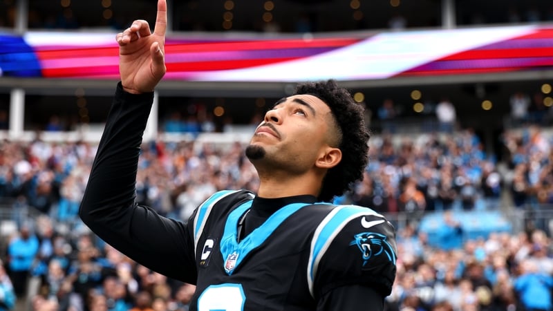 CHARLOTTE, NORTH CAROLINA - DECEMBER 21: Bryce Young #9 of the Carolina Panthers looks on prior to a game against the Tampa Bay Buccaneers at Bank of America Stadium on December 21, 2025 in Charlotte, North Carolina. (Photo by David Jensen/Getty Images)