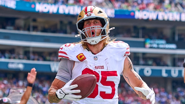 SEATTLE, WA - SEPTEMBER 07: George Kittle #85 of the San Francisco 49ers celebrates with fans and teammates after scoring a touchdown against the Seattle Seahawks during the game at Lumen Field on September 07, 2025 in Seattle, Washington. (Photo by Robin Alam/Icon Sportswire)