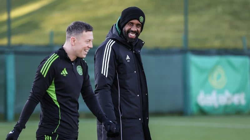 Wilfried Nancy (R) and club captain Callum McGregor during training on Friday