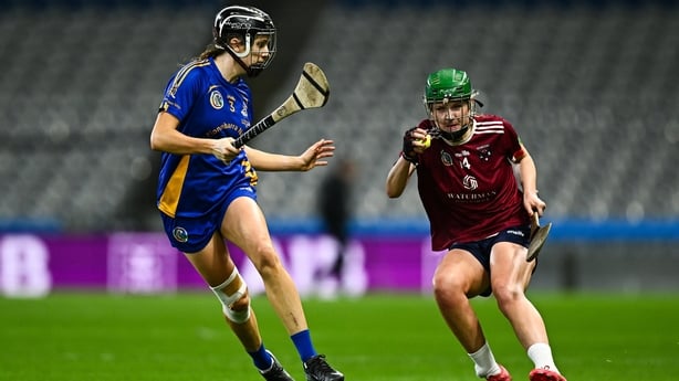 Sabina Rabbitte of Athenry in action against Aisling Egan of St Finbarr's during the AIB All-Ireland Camogie Senior Club Championship final match between Athenry of Galway and St Finbarr's of Cork at Croke Park in Dublin.