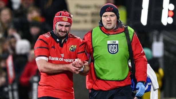 2 January 2026; John Hodnett of Munster leaves the pitch with an injury during the United Rugby Championship match between Ulster and Munster at Affidea Stadium in Belfast. Photo by Ramsey Cardy/Sportsfile