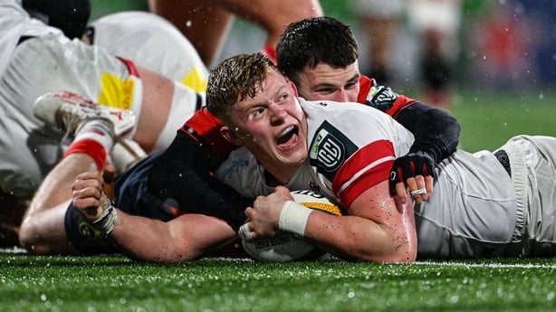 2 January 2026; Bryn Ward of Ulster celebrates after scoring his side's fourth try during the United Rugby Championship match between Ulster and Munster at Affidea Stadium in Belfast. Photo by Ramsey Cardy/Sportsfile