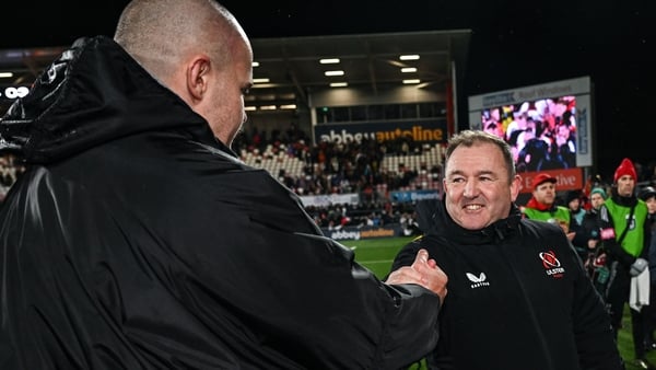 2 January 2026; Ulster head coach Richie Murphy and Jacob Stockdale after their side's victory in the United Rugby Championship match between Ulster and Munster at Affidea Stadium in Belfast. Photo by Ramsey Cardy/Sportsfile