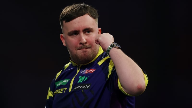 Luke Littler of England reacts against Ryan Searle of England (not pictured) during their semi-final match at Alexandra Palace on January 02, 2026 in London, England.