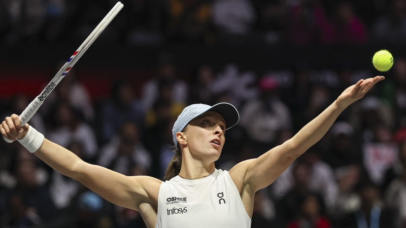 Iga Swiatek of Poland compete in during match against Elena Rybakina of Kazakhstan in the World Tennis Continental Cup at Shenzhen Universiade Center on December 26, 2025 in Shenzhen, China.