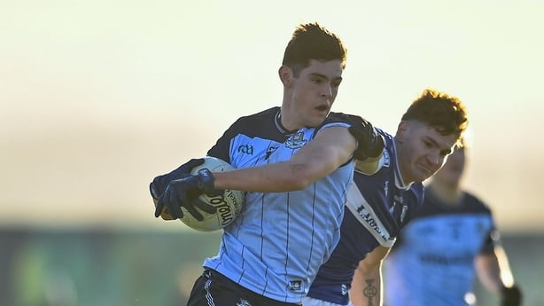 3 January 2026; James McCormack of Dublin in action against Kevin Swayne of Laois during the Dioralyte O'Byrne Cup Round 1 match between Laois and Dublin at Park Ratheniska GAA Club in Ratheniska, Laois. Photo by David Fitzgerald/Sportsfile