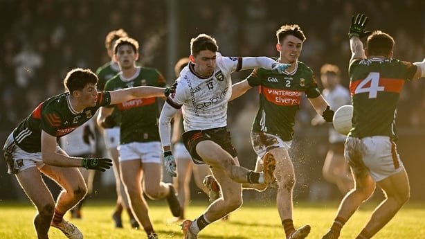 Lee Deignan of Sligo in action against Mayo players, from left, Seamus Howard, Eoin McGreal and Enda Hession during the FBD Connacht League Round 1 match between Sligo and Mayo at Fr O'Hara Park in Charlestown, Mayo. Photo by Sam Barnes/Sportsfile