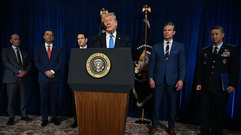 Donald Trump, alongside (L-R) Deputy Chief of Staff Stephen Miller, CIA Director John Ratcliffe, Secretary of State Marco Rubio, Secretary of Defence Pete Hegseth, and Chairman of the Joint Chiefs of Staff General Dan Caine