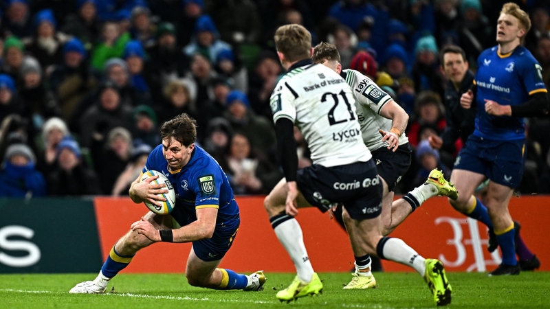 3 January 2026; Charlie Tector of Leinster scores his side's sixth try during the United Rugby Championship match between Leinster and Connacht at the Aviva Stadium in Dublin. Photo by Seb Daly/Sportsfile