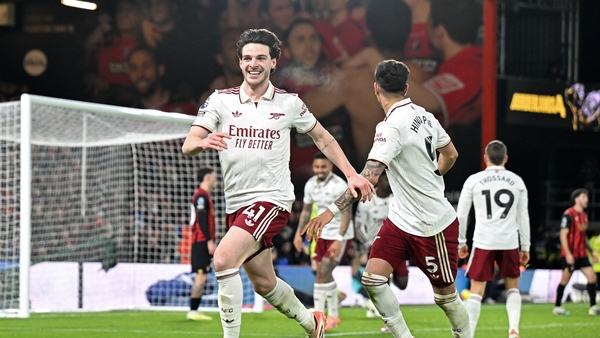 BOURNEMOUTH, ENGLAND - JANUARY 03: Declan Rice of Arsenal celebrates scoring his team's third goal during the Premier League match between Bournemouth and Arsenal at Vitality Stadium on January 03, 2026 in Bournemouth, England. (Photo by Stuart MacFarlane
