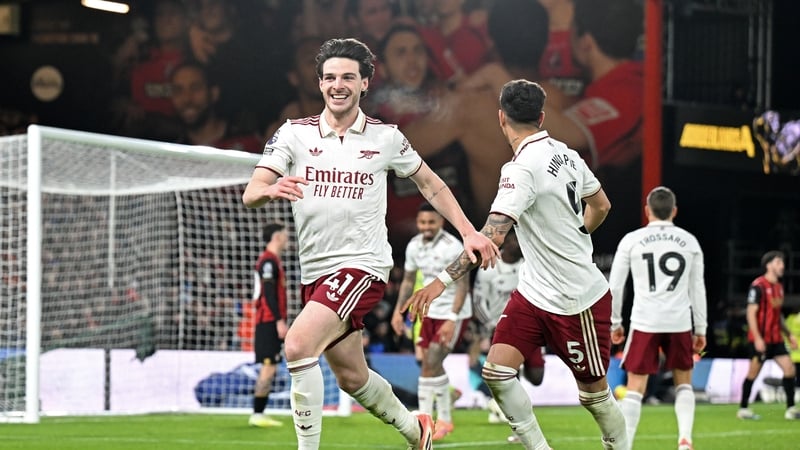 Declan Rice celebrates scoring his second goal at the Vitality Stadium