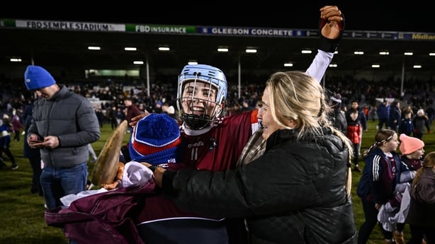 Kerri O'Driscoll of Athenry celebrates with supporters after the AIB All-Ireland Camogie Senior Club Championship final replay match between Athenry of Galway and St Finbarr's of Cork at FBD Semple Stadium in Thurles, Tipperary. Photo by Ben McShane/Sportsfile 