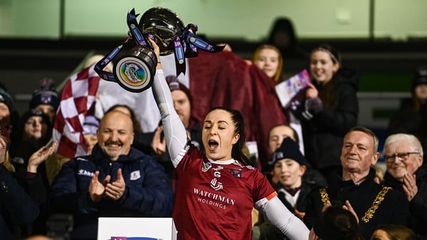 3 January 2026; Athenry captain Dervla Higgins lifts the Bill and Agnes Carroll Cup after her side's victory in the AIB All-Ireland Camogie Senior Club Championship final replay match between Athenry of Galway and St Finbarr's of Cork at FBD Semple Stadiu