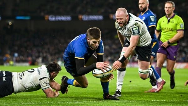 3 January 2026; Sam Prendergast of Leinster scores his side's third try during the United Rugby Championship match between Leinster and Connacht at the Aviva Stadium in Dublin. Photo by Seb Daly/Sportsfile