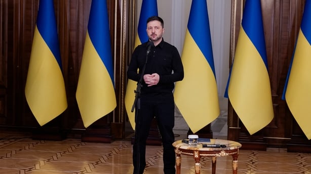 Ukraine's President Volodymyr Zelensky speaks during a meeting of national security advisors