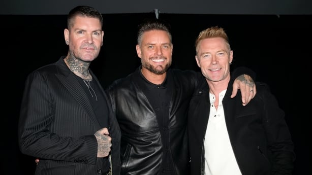 LONDON, ENGLAND - SEPTEMBER 30: Shane Lynch, Keith Duffy and Ronan Keating of Boyzone as they announce 'One For The Road' at The London Irish Centre on September 30, 2025 in London, England. The one-off final farewell concert will be held at London's Emirates Stadium on June 6th 2026. (Photo by Stua