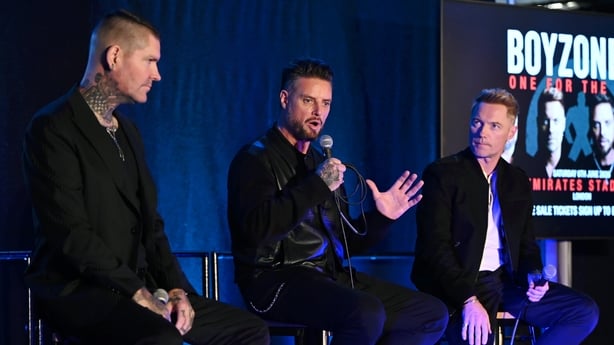 LONDON, ENGLAND - SEPTEMBER 30: Shane Lynch, Keith Duffy and Ronan Keating of Boyzone as they announce 'One For The Road' at The London Irish Centre on September 30, 2025 in London, England. The one-off final farewell concert will be held at London's Emirates Stadium on June 6th 2026. (Photo by Stua