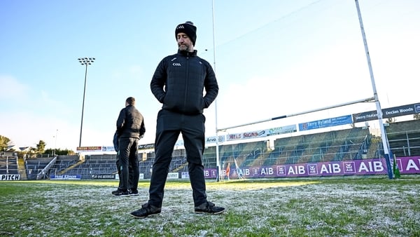 4 January 2026; Referee Brendan Cawley inspects the pitch conditions before the AIB GAA Football All-Ireland Senior Club Championship semi-final match between between St Brigid's of Roscommon and Scotstown of Monaghan at Kingspan Breffni in Cavan. Photo b