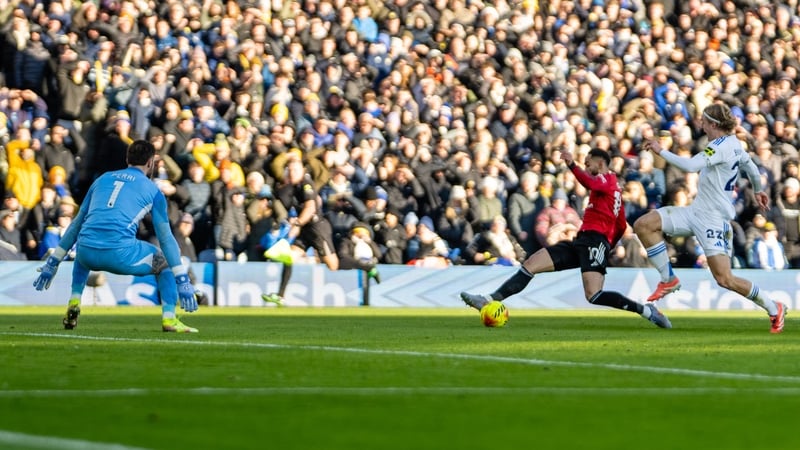 Matheus Cunha of Manchester United scores his teams first goal during the Premier League match between Leeds United and Manchester United at Elland Road on January 04, 2026 in Leeds, England. (Photo by Ash Donelon/Manchester United via Getty Images)