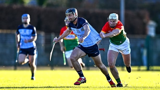 4 January 2026; Seán Gallagher of Dublin in action against Fiachra Fitzpatrick of Carlow during the Dioralyte Walsh Cup First Round match between Carlow and Dublin at SETU Carlow Campus in Carlow. Photo by Tyler Miller/Sportsfile