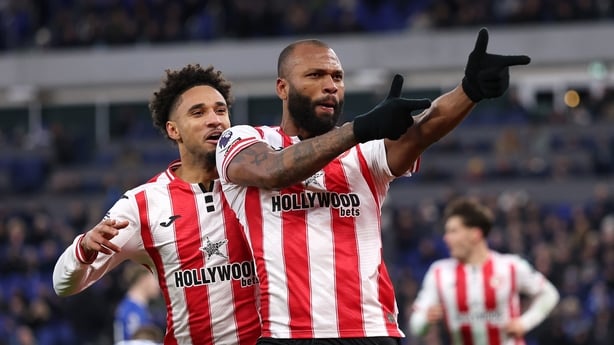 Igor Thiago of Brentford celebrates scoring his team's third goal with teammate Kevin Schade during the Premier League match between Everton and Brentford at Hill Dickinson Stadium on January 04, 2026 in Liverpool, England.