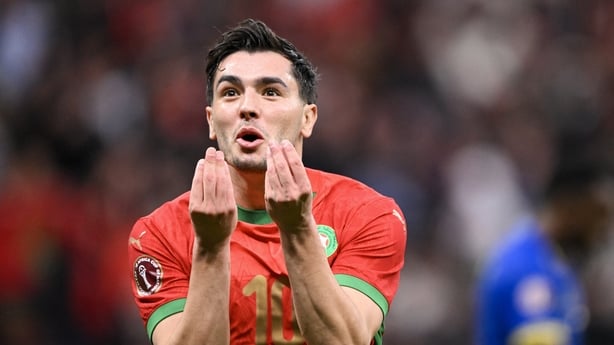 Morocco's forward #10 Brahim Diaz celebrates scoring his team's first goal during the Africa Cup of Nations (CAN) round of 16 football match between Morocco and Tanzania at Prince Moulay Abdallah Stadium in Rabat on January 4, 2026. 