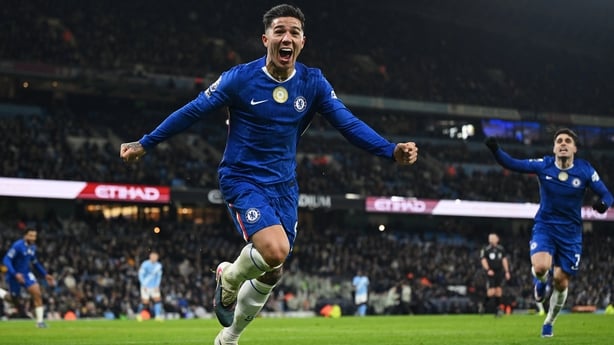 Enzo Fernandez of Chelsea celebrates scoring his team's first goal during the Premier League match between Manchester City and Chelsea at Etihad Stadium on January 04, 2026 in Manchester, England.