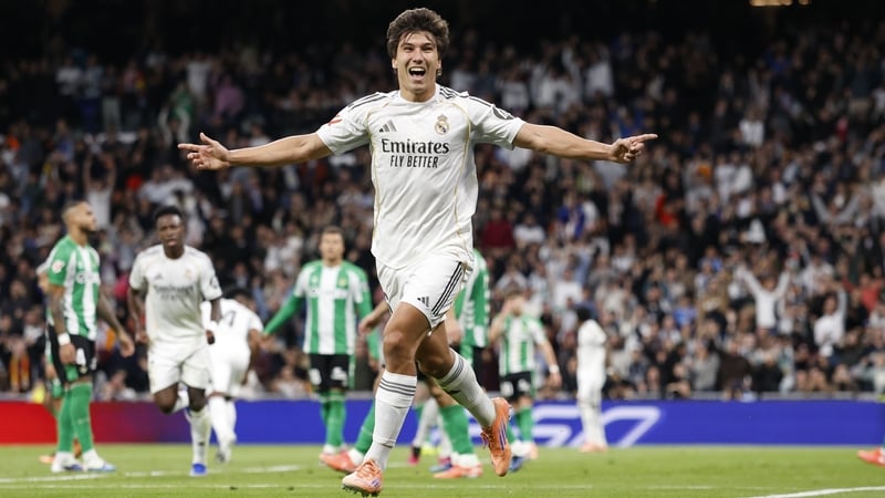 Gonzalo of Real Madrid celebrates during the LaLiga EA Sports match between Real Madrid CF and Real Betis Balompié at Estadio Santiago Bernabeu on January 04, 2026 in Madrid, Spain.