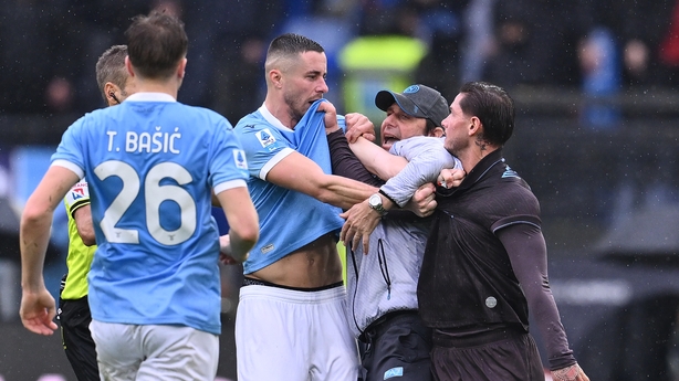 Antonio Conte, coach of S.S.C. Napoli, tries to separate Adam Marusic of S.S. Lazio and Pasquale Mazzocchi of S.S.C. Napoli during the 18th day of the Serie A Championship between S.S. Lazio and S.S.C. Napoli at the Olympic Stadium in Rome, Italy, on January 4, 2026