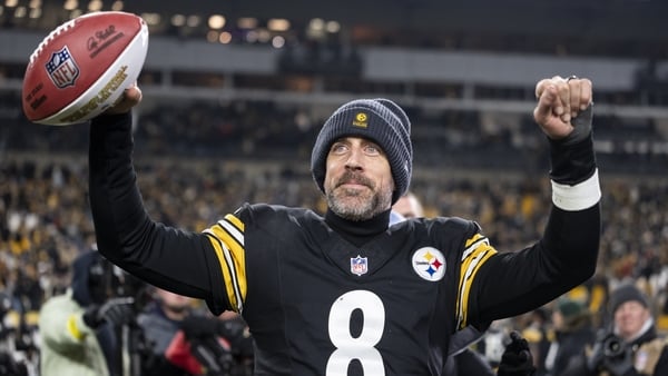PITTSBURGH, PENNSYLVANIA - JANUARY 4: Aaron Rodgers #8 of the Pittsburgh Steelers celebrates following an NFL football game against the Baltimore Ravens at Acrisure Stadium on January 04, 2026 in Pittsburgh, Pennsylvania. (Photo by Michael Owens/Getty Ima