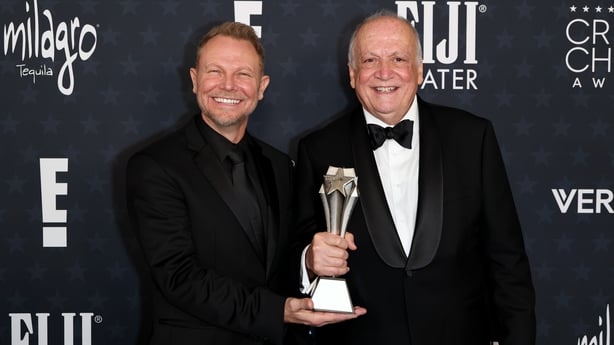 (L-R) Richard Baneham and Joe Letteri, winners of the Best Visual Effects Award for Avatar: Fire and Ash, pose in the press room during the 31st Annual Critics Choice Awards at Barker Hangar on 4 January, 2026 in Santa Monica, California