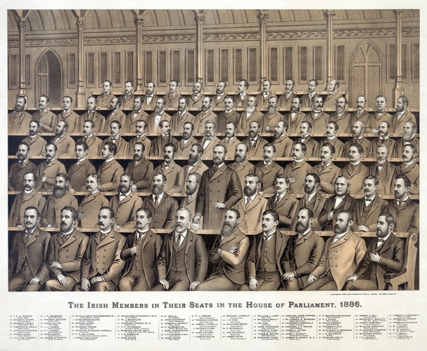 Irish members in their seats in the House of Parliament; 1886 from back to front; 1. Alexander Blane; 2. J.D. Sheehan; 3. Sir Joseph N. M'Kenna; 4. Donal Sullivan; 5. Patrick O'Hea; 6. Dr. Fox; 7. Joseph Nolan; 8. Edw. Harrington; 9. J.F. Smithwick; 10. William O'Brien; 11. E. Mulhallen Marum; 12. T