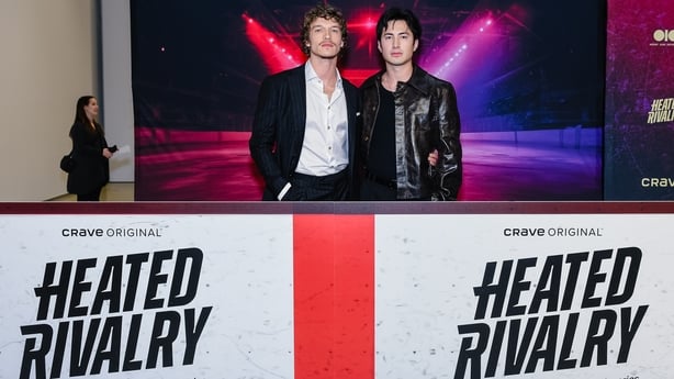 (L-R) Connor Storrie and Hudson Williams attend the premiere of Heated Rivalry at TIFF Lightbox on 24 November, 2025 in Toronto