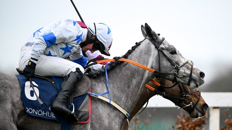 Frankie John on the way to winning the Donohue Marquees Maiden Hurdle
