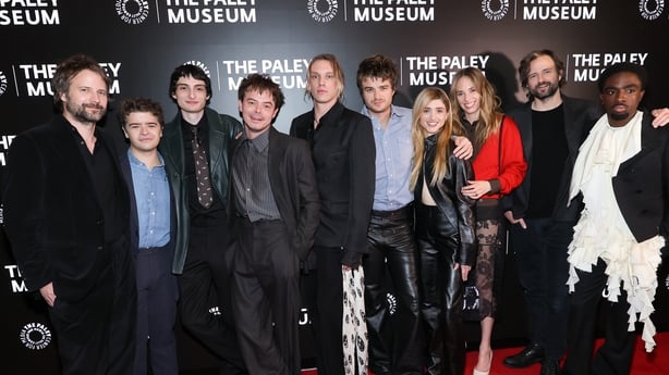 NEW YORK, NEW YORK - DECEMBER 18: (L-R) Ross Duffer, Gaten Matarazzo, Finn Wolfhard, Charlie Heaton, Jamie Campbell Bower, Joe Keery, Natalia Dyer, Maya Hawke, Matt Duffer, and Caleb McLaughlin attend PaleyLive's "Stranger Things" - The Final Season Celebration at The Paley Museum on December 18, 20