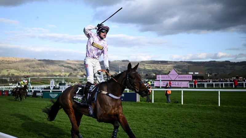 Jockey Lorcan Williams aboard Golden Ace after winning the 2025 Champion Hurdle