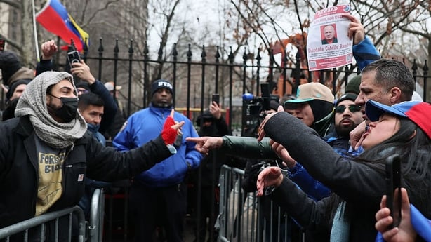 NEW YORK, NEW YORK - JANUARY 05: People in support of President of Venezuela Nicolas Maduro confront opposition outside of Daniel Patrick Moynihan United States Courthouse before President of Venezuela Nicolas Maduro's and first lady Cilia Flores on January 05, 2026 in New York City. Maduro and firs