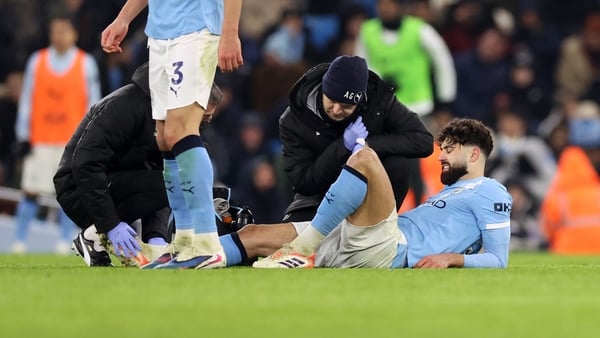 Josko Gvardiol of Manchester City is treated for an injury before being substituted during the Premier League match between Manchester City and Chelsea at Etihad Stadium on January 04, 2026 in Manchester, England. (Photo by Catherine Ivill - AMA/Getty Ima