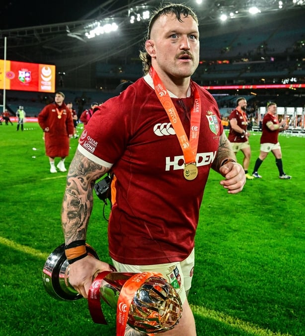 2 August 2025; British & Irish Lions Andrew Porter with the series trophy after the third test match between Australia and the British & Irish Lions at Accor Stadium in Sydney, Australia. Photo by Brendan Moran/Sportsfile