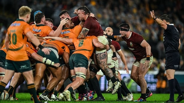 2 August 2025; Andrew Porter of British & Irish Lions is lifted by Tom Hooper of Australia, 6, during a scrum during the third test match between Australia and the British & Irish Lions at Accor Stadium in Sydney, Australia. Photo by Brendan Moran/Sportsfile