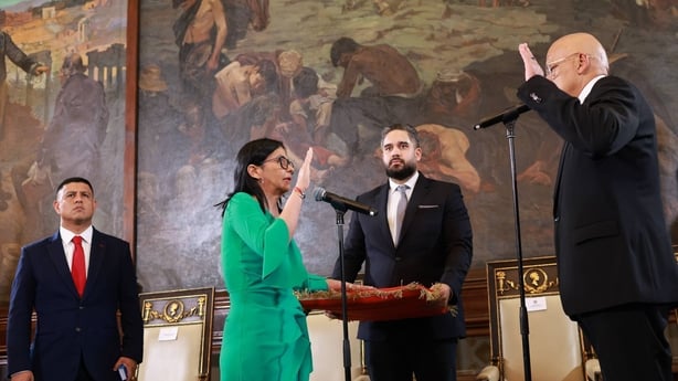 CARACAS, VENEZUELA - JANUARY 5: (----EDITORIAL USE ONLY â" MANDATORY CREDIT - 'VENEZUELAN NATIONAL ASSEMBLY / HANDOUT' - NO MARKETING NO ADVERTISING CAMPAIGNS - DISTRIBUTED AS A SERVICE TO CLIENTS----) At the opening session of the National Assemblyâs new legislative term, Delcy Rodriguez (2nd L) is